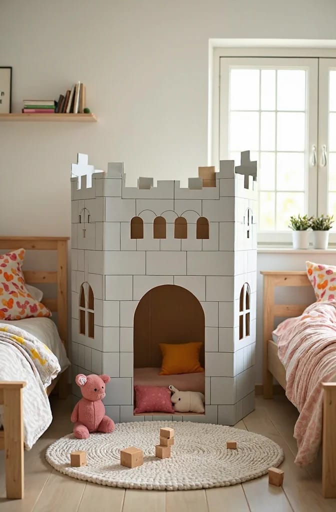 A white cardboard castle playhouse with drawn block lines, crenellated towers, arched windows, and a large entrance stands between two beds in a shared kids bedroom, with cushions inside and wooden blocks on a round rug.