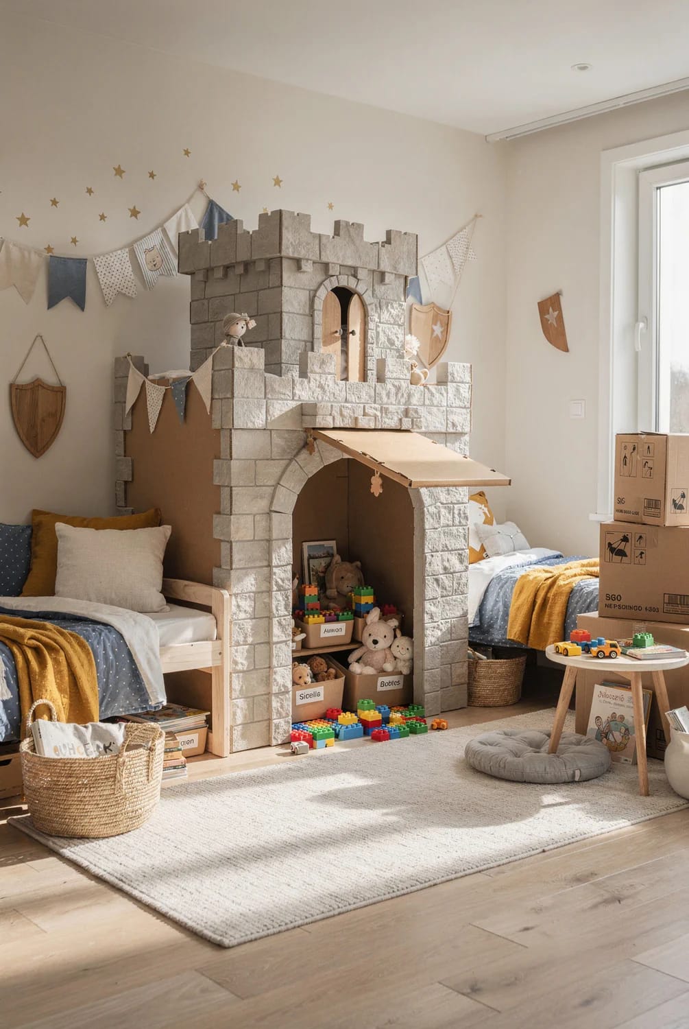 A cardboard castle playhouse with gray stone-patterned walls, crenellations, an arched doorway, and a drawbridge stands between two beds in a shared kids bedroom. Toys, stuffed animals, banners, shields, and moving boxes surround the castle.