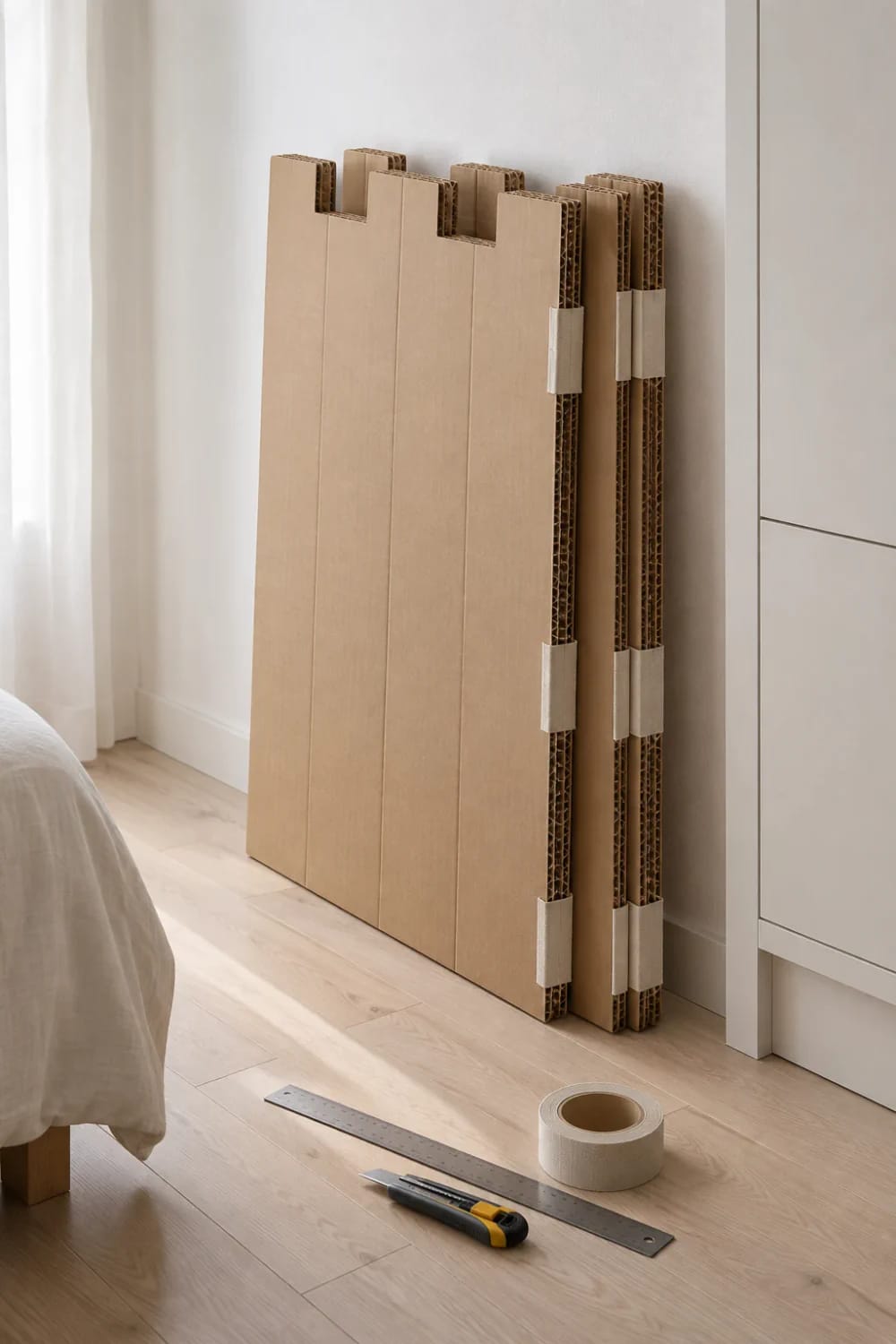 Folded corrugated cardboard panels with castle-style battlements lean against a wall in a kids bedroom, beside a ruler, utility knife, and roll of tape for a cardboard castle playhouse project