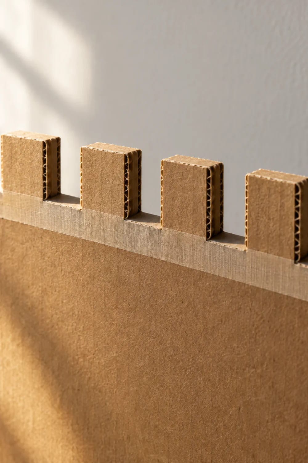 Close-up of a cardboard castle playhouse wall with four raised rectangular battlements, exposed corrugated edges, and textured brown surfaces designed to resemble stone