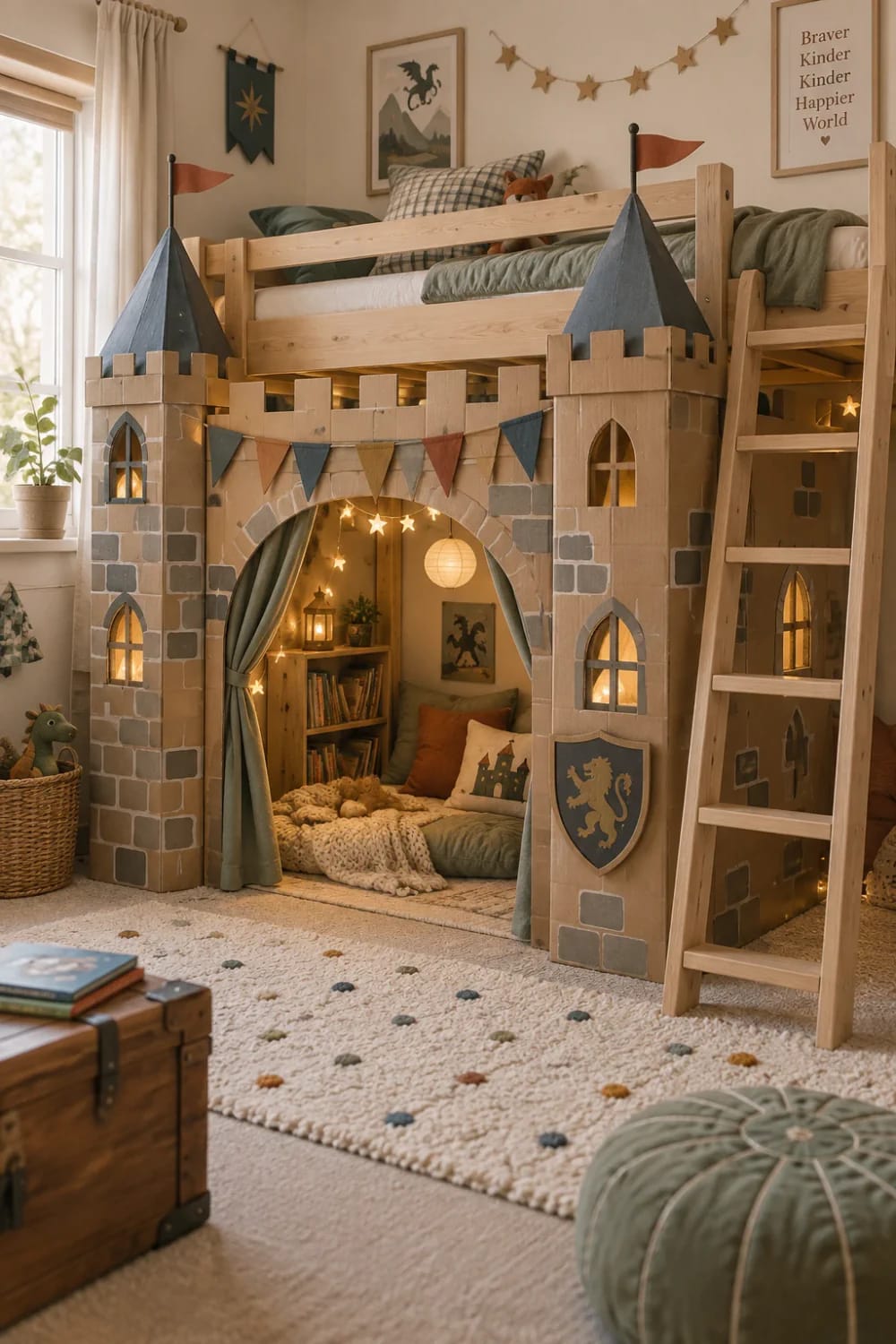 Cardboard castle playhouse built beneath a wooden loft bed in a kids bedroom, featuring turrets, flags, arched windows, stone-patterned walls, curtains, and a cozy reading nook.