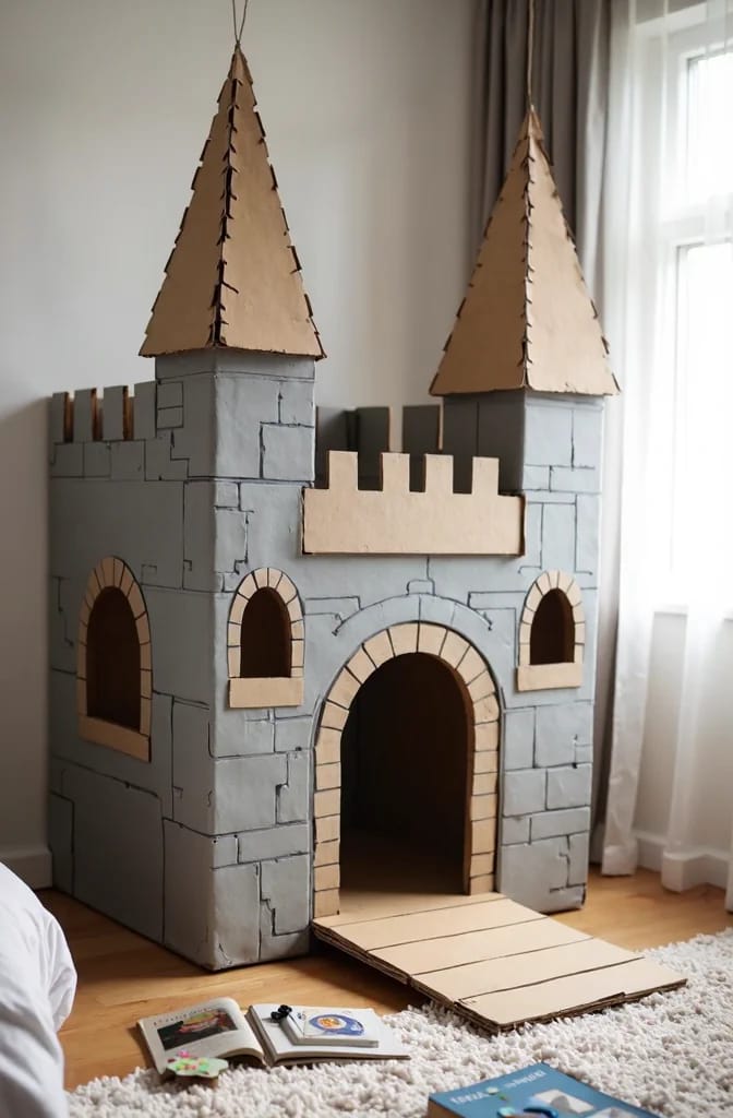 Cardboard castle playhouse in a kids bedroom, painted gray with outlined stone blocks, two towers with peaked roofs, arched windows and doorway, crenellations, and a cardboard drawbridge extending onto the floor.