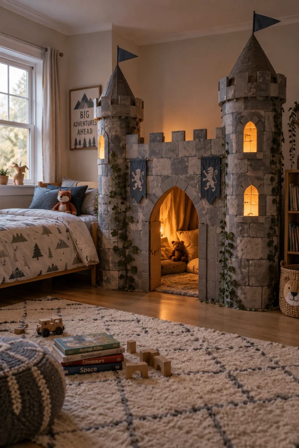 Cardboard castle playhouse in a kids bedroom, designed with faux stone walls, two towers, flags, crenellations, ivy, banners, glowing window openings, and a central arched doorway.