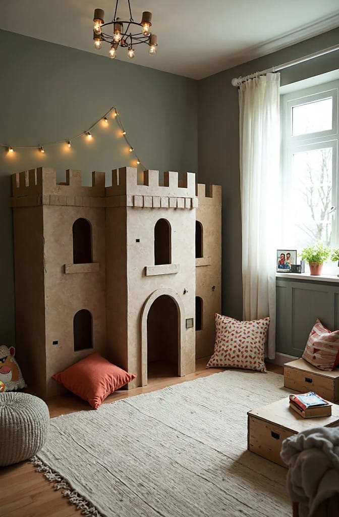 A cardboard castle playhouse with faux stone walls, crenellated towers, arched windows, and a central arched doorway stands in a kids bedroom beside cushions, a rug, string lights, and a bright window.