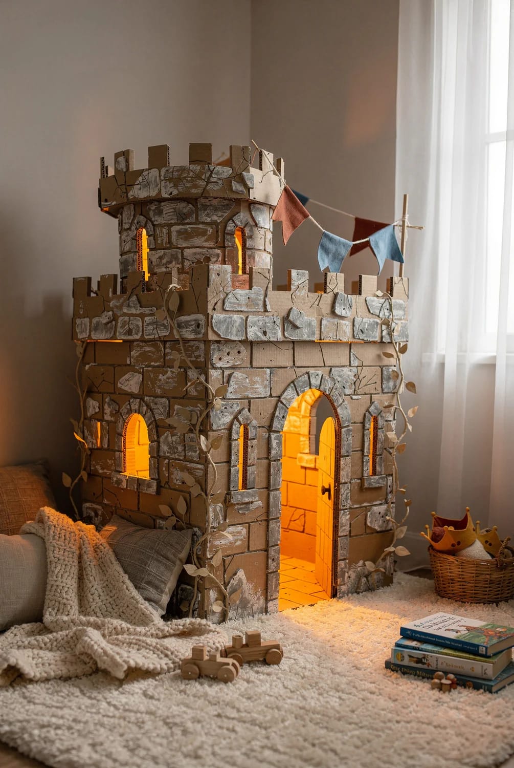 Cardboard castle playhouse in a kids bedroom, decorated with painted stone-like blocks, crenellated walls, glowing arched windows, an open doorway, flags, and leafy vines.