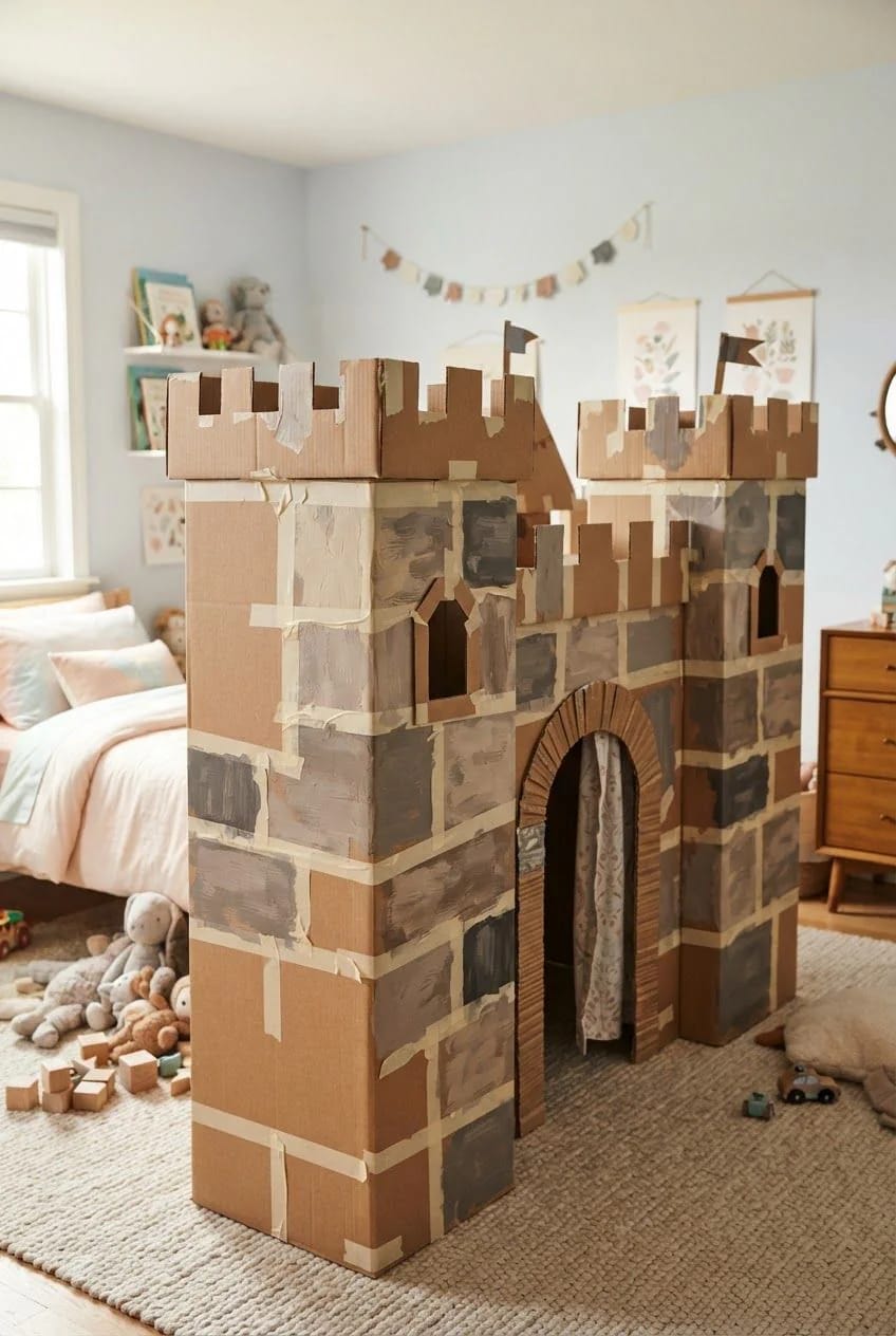 A cardboard castle playhouse stands in a kids bedroom, decorated with painted gray stone-like blocks, crenellated towers, small flags, and an arched doorway.