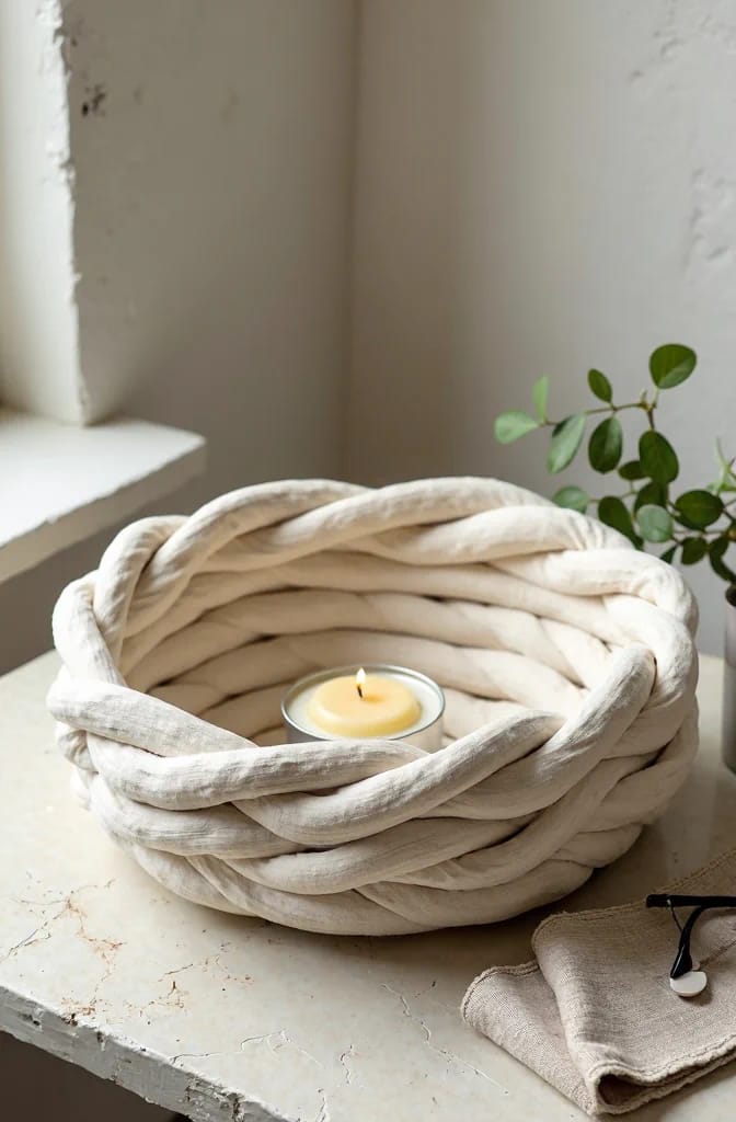 A large cream-colored coiled bowl holding a small lit candle sits on a living room centre table, with a green potted plant and folded fabric nearby.