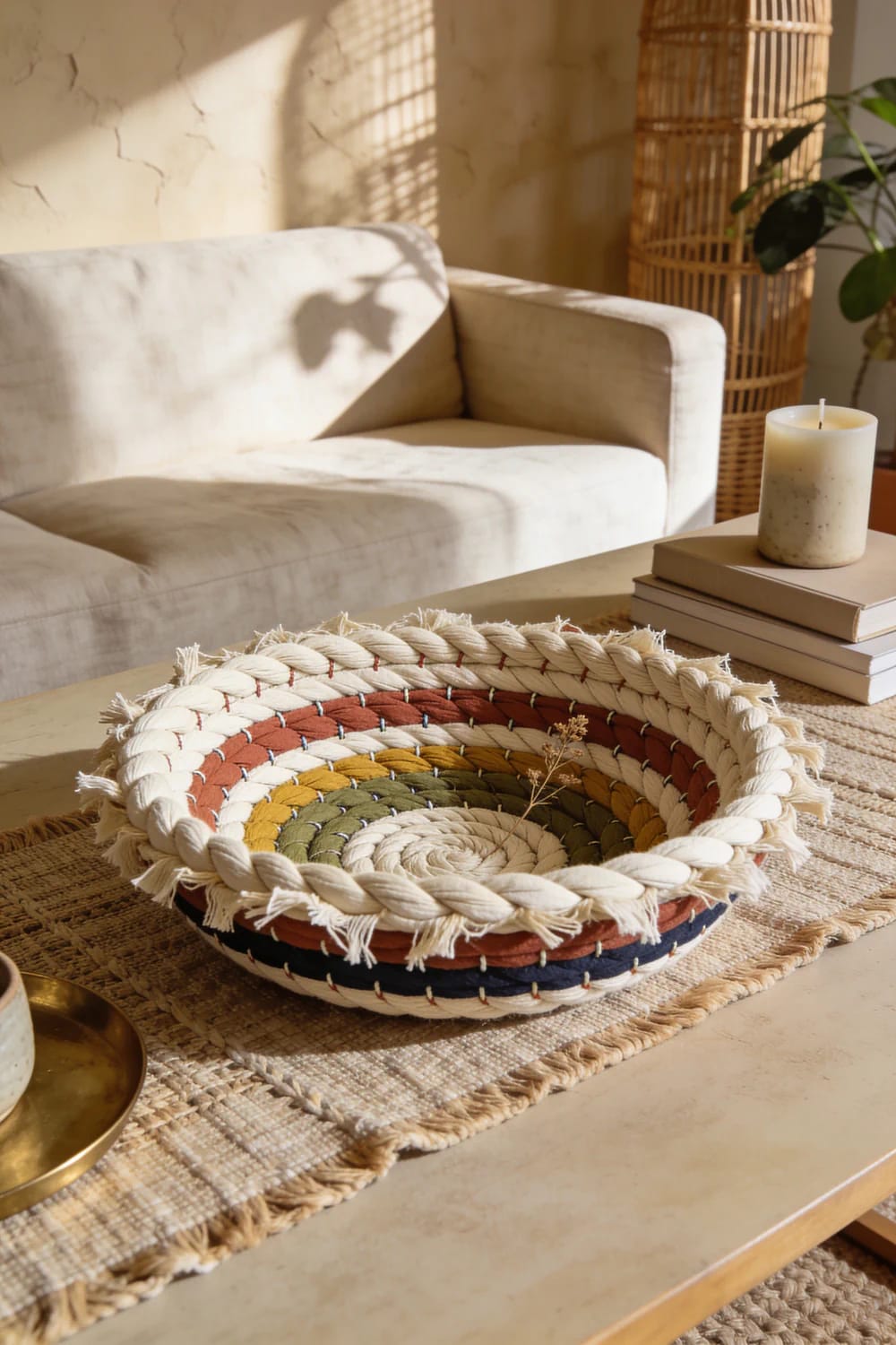 A colorful coiled textile basket sits on a woven runner atop a living room centre table, with stacked books and a white candle beside it