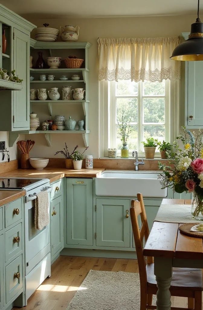 Collected cottage kitchen with muted green cabinets, open shelves of ceramic dishes, a farmhouse sink, lace-trimmed curtains, and flowers on the table