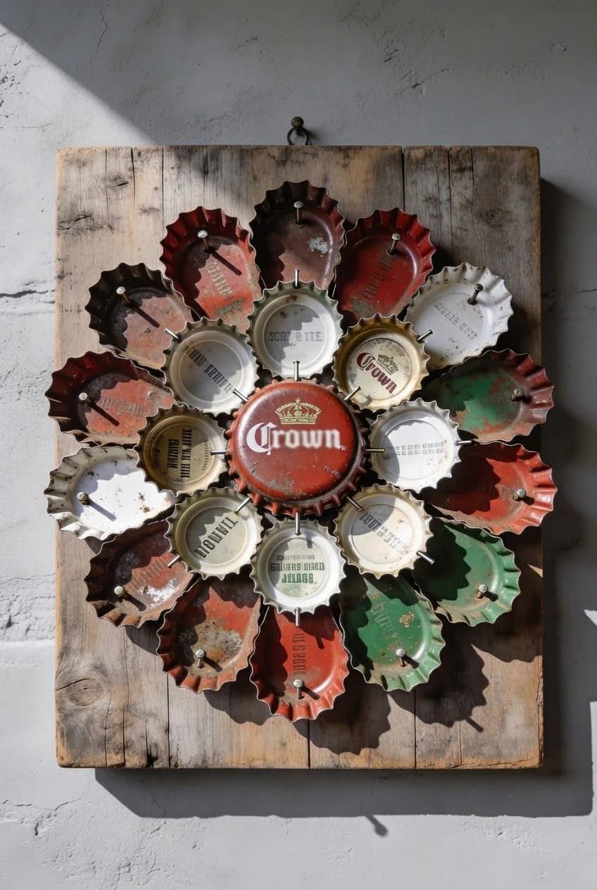 Junk art sculpture arranged like a flower on a weathered wooden board, made from layered metal bottle caps in red, green, white, and brown with a large Crown cap at the center