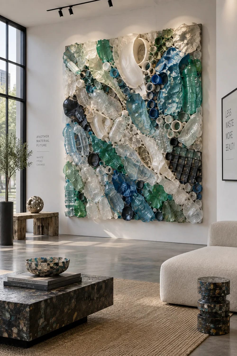 Large flat wall sculpture made from discarded plastic bottles, cups, containers, and crumpled packaging in white, blue, green, and black, displayed in a modern living room as a junk art idea.