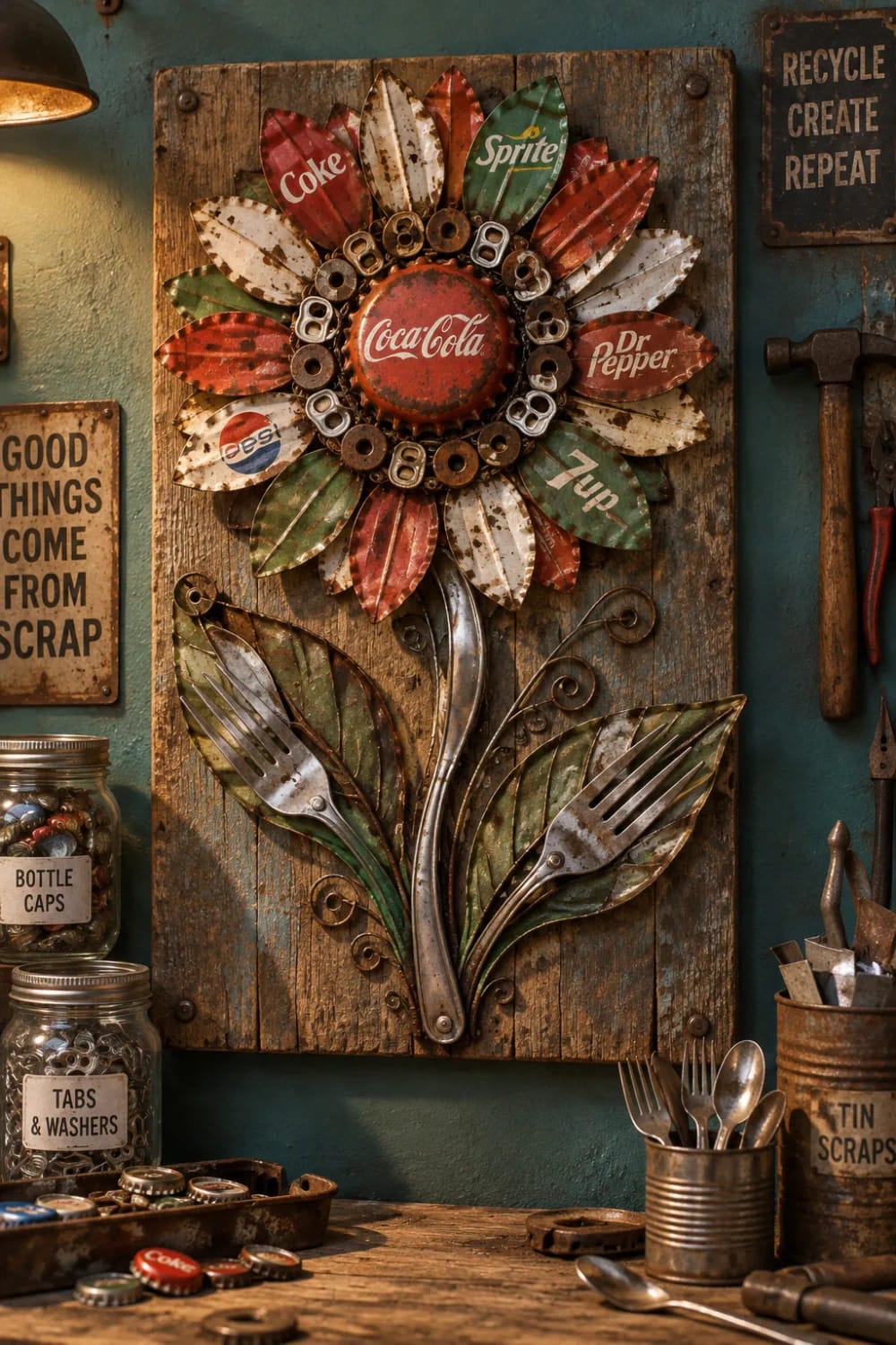 Junk art flower sculpture mounted on a wooden board, made from colorful flattened cans, bottle caps, pull tabs, washers, and metal forks.
