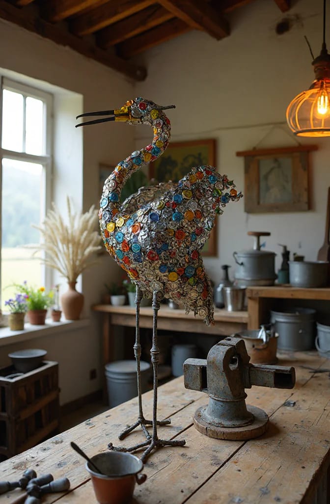A bird sculpture covered in colorful bottle caps and scrap metal stands on thin metal legs atop a wooden workshop table, illustrating a junk art idea made from found objects.