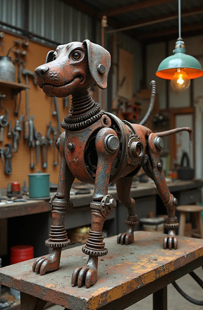 Rusty metal dog sculpture assembled from found objects stands on a workshop table, with exposed mechanical parts, coiled neck details, and a green hanging lamp behind it.