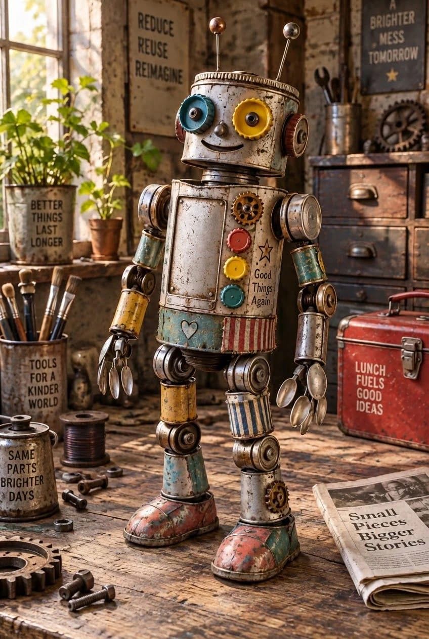 A whimsical robot sculpture assembled from scrap metal parts, cans, gears, colorful bottle caps, and spoons, displayed in a workshop for junk art ideas.