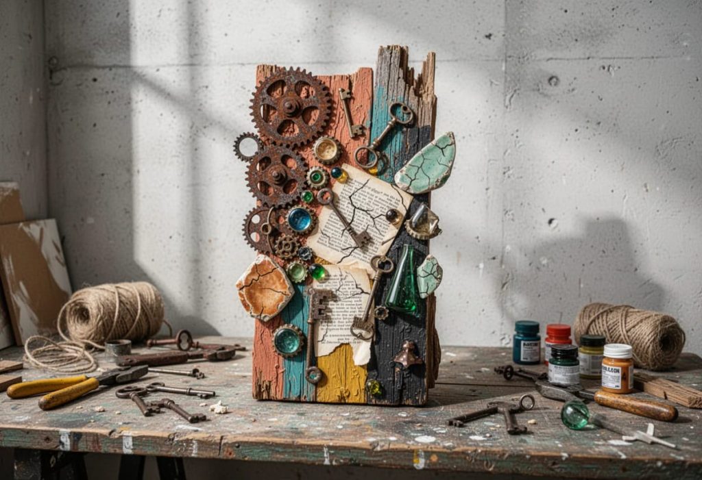A colorful junk art sculpture made from weathered wood, rusty gears, old keys, jewelry, glass pieces, and torn paper stands on a cluttered workbench surrounded by tools, twine, and paint jars.