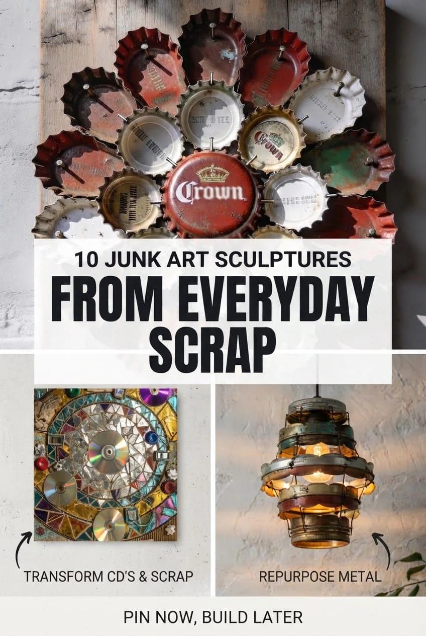 Junk art collage showing a bottle-cap sculpture, a circular mosaic made from CDs and scrap, and a hanging metal light fixture, with text promoting 10 sculptures from everyday scrap.
