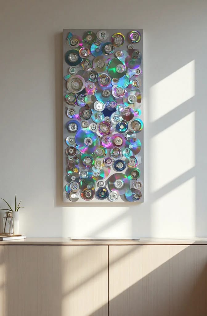 A tall rectangular wall sculpture made from dozens of overlapping reflective discs and circular scrap objects, displayed above a wooden cabinet in a sunlit room.