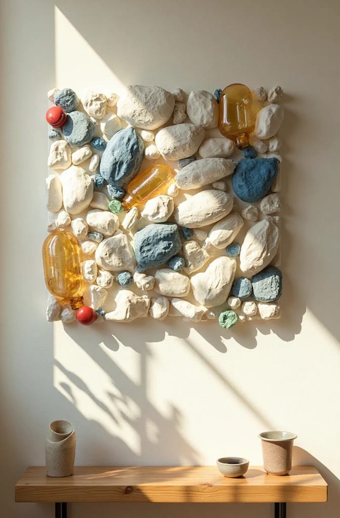 Flat junk art wall sculpture made from irregular white, blue, and green pieces, amber plastic objects, and small red spheres, displayed above a wooden shelf in sunlight