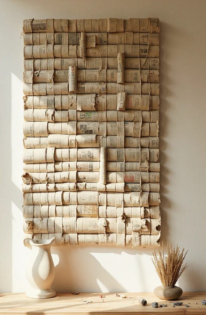 Rectangular wall sculpture made from tightly arranged rolled and folded aged paper pieces, displayed above a console table with a white vase and dried grasses, illustrating junk art ideas for flat work on the wall