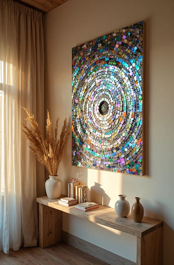 Colorful rectangular mosaic wall art with concentric circular patterns hangs above a wooden console table, illustrating a flat junk art sculpture for the wall.