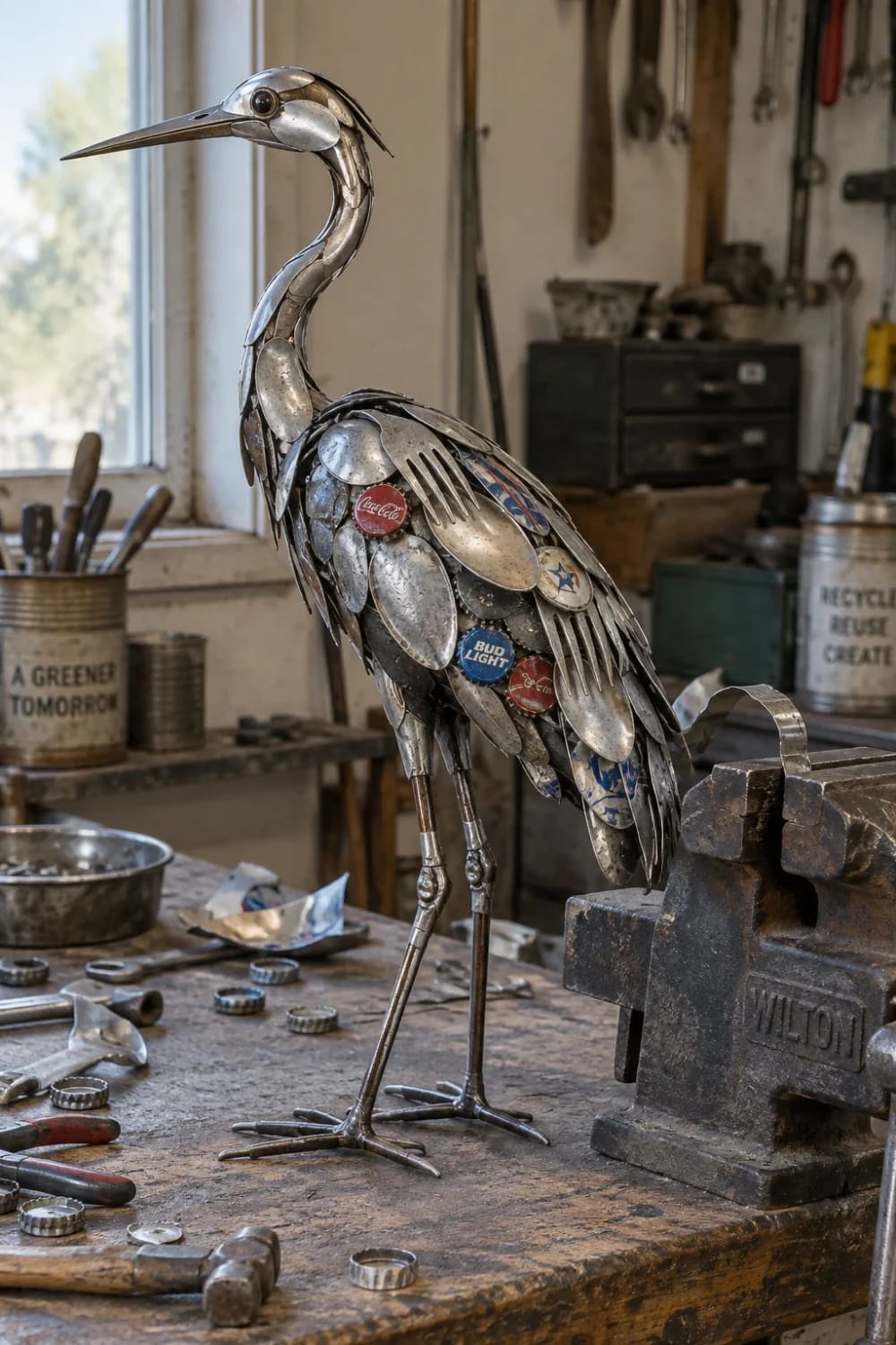 A handmade heron sculpture assembled from metal spoons, forks, bottle caps, and other scrap parts stands on a workshop bench beside tools and a vise, illustrating junk art ideas.
