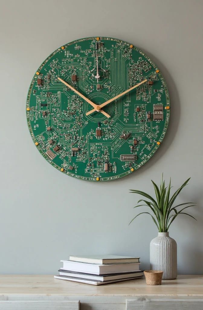 Round wall clock made from a green circuit board, with beige hands and electronic components visible, displayed above stacked books beside a potted plant as a junk art idea
