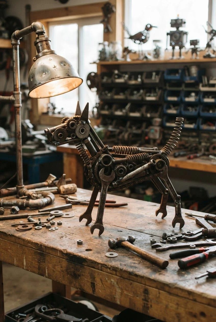 A dog-shaped junk art sculpture made from gears, pipes, springs, wrenches, and other scrap metal stands on a workshop table beneath a metal lamp, with tools and parts surrounding it.