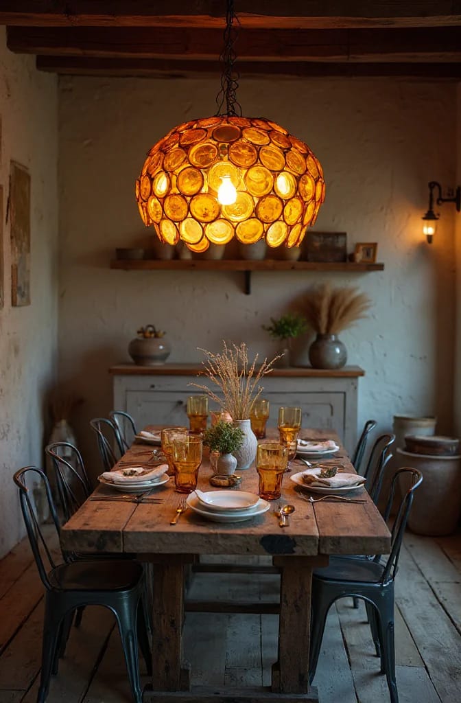 A glowing pendant lamp made from overlapping amber-colored found objects hangs above a rustic dining table set with plates, glasses, flowers, and dark metal chairs, illustrating a junk art lamp idea.