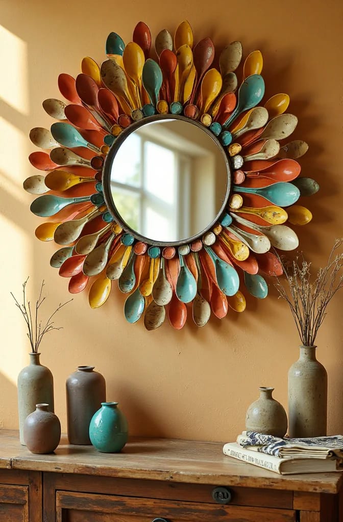 Round wall mirror surrounded by colorful painted spoons arranged like sun rays, illustrating a junk art idea using found cutlery.