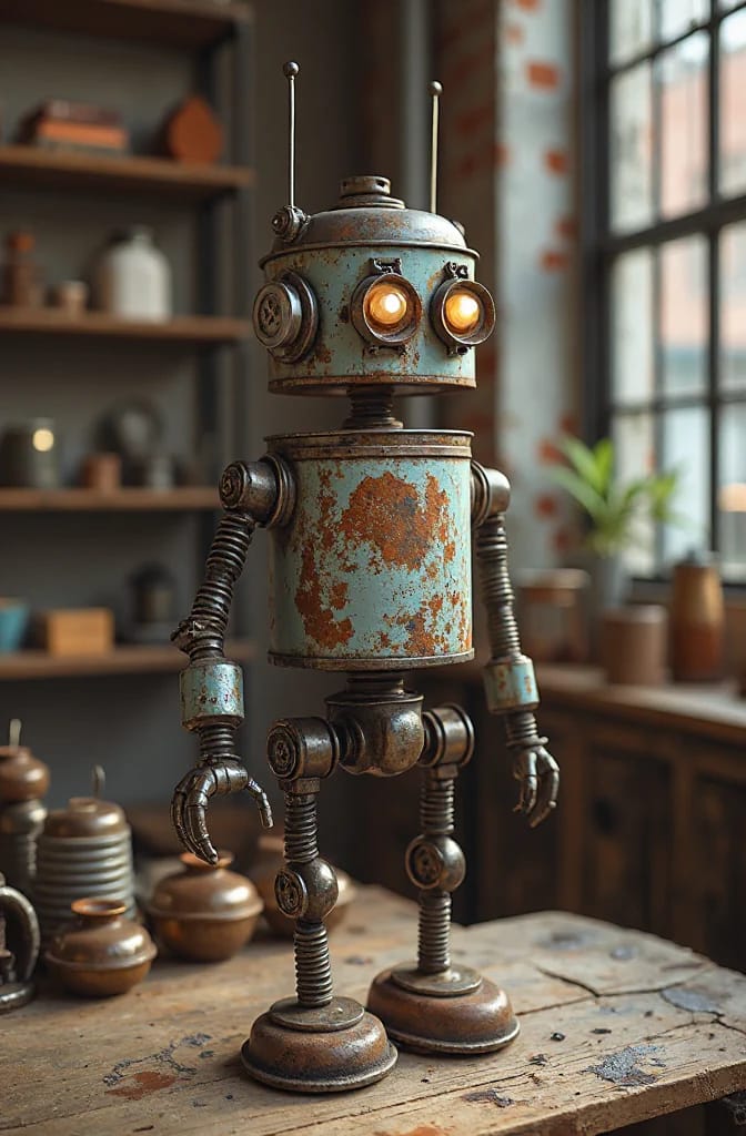Rusty robot sculpture assembled from cylindrical scrap-metal parts, with glowing round eyes, antennae, spring-like limbs, claw hands, and flat metal feet standing on a workshop table for a junk art project