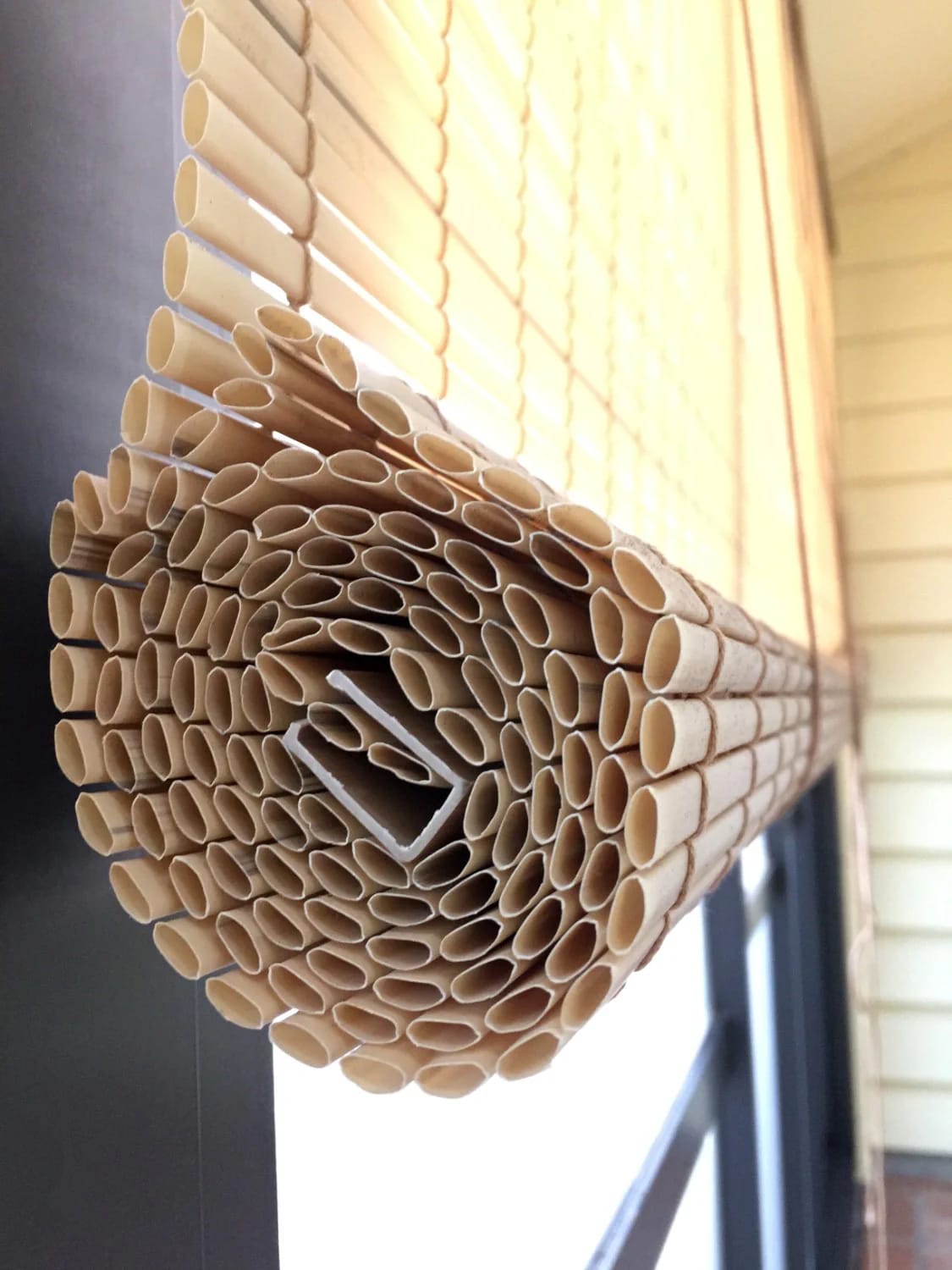 Flat wall-mounted junk art sculpture made from many beige cardboard tubes arranged in a rounded, layered pattern, with a small white geometric piece near the center.