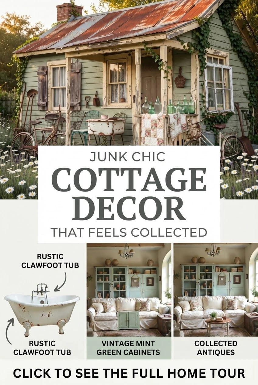 Junk chic cottage decor collage featuring a weathered cottage exterior, rustic clawfoot tub, mint green cabinets, collected antiques, and vintage furnishings