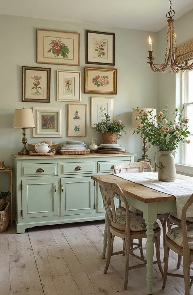 A pale green dresser repurposed as a dining room sideboard, styled with stacked dishes, lamps, flowers, and framed botanical artwork in a collected cottage decor setting