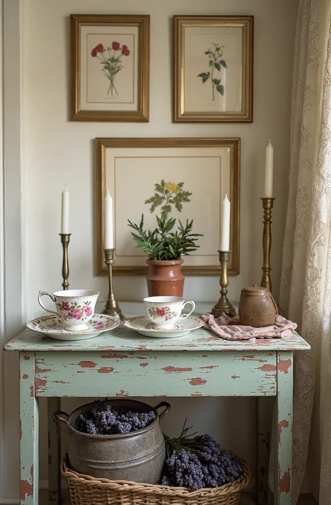 Junk chic cottage decor vignette with three botanical prints, paired floral teacups, candlesticks, a potted plant, and lavender-filled baskets arranged on a distressed turquoise console table