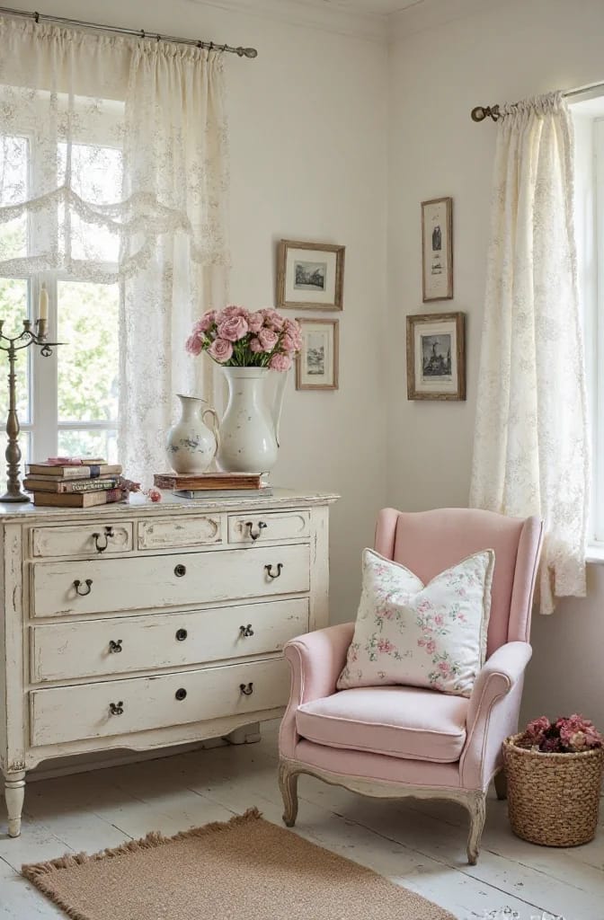 Junk chic cottage decor featuring creamy white walls, a distressed white dresser with books and ceramic pitchers, framed artwork, lace curtains, and one blush pink armchair with a floral pillow.