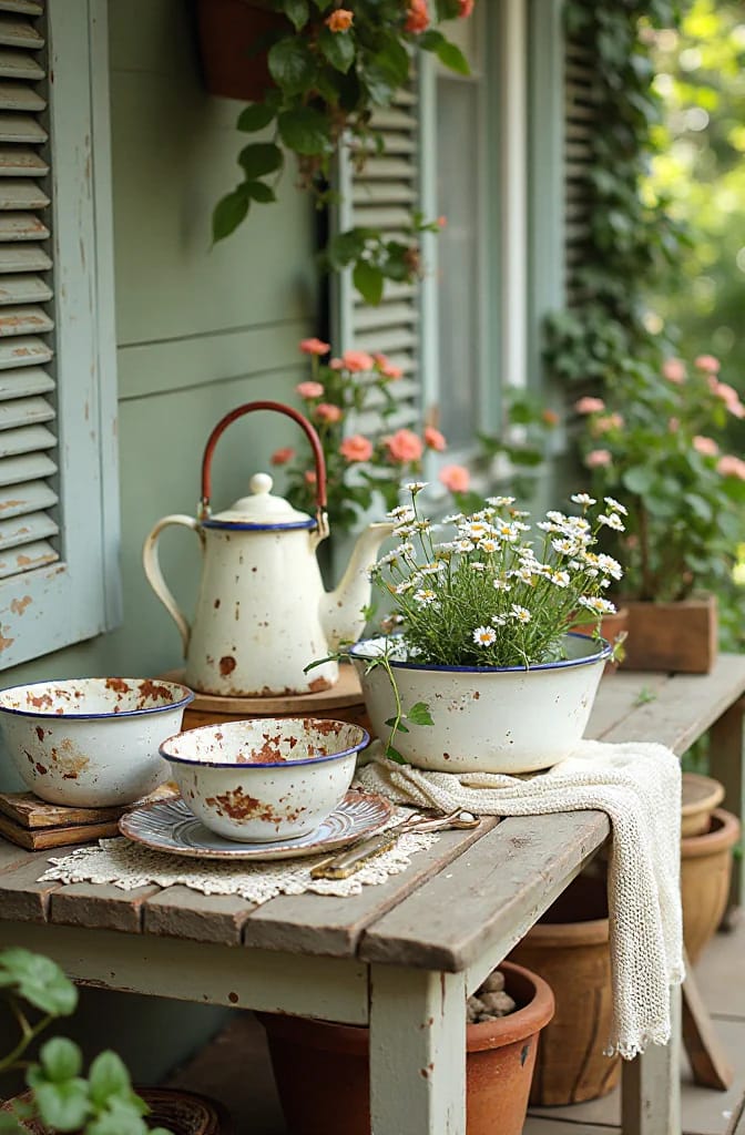 Chipped white enamelware bowls, a pitcher, and a flower-filled basin sit on a weathered porch table beside a lace runner and folded knit throw, illustrating collected junk chic cottage decor
