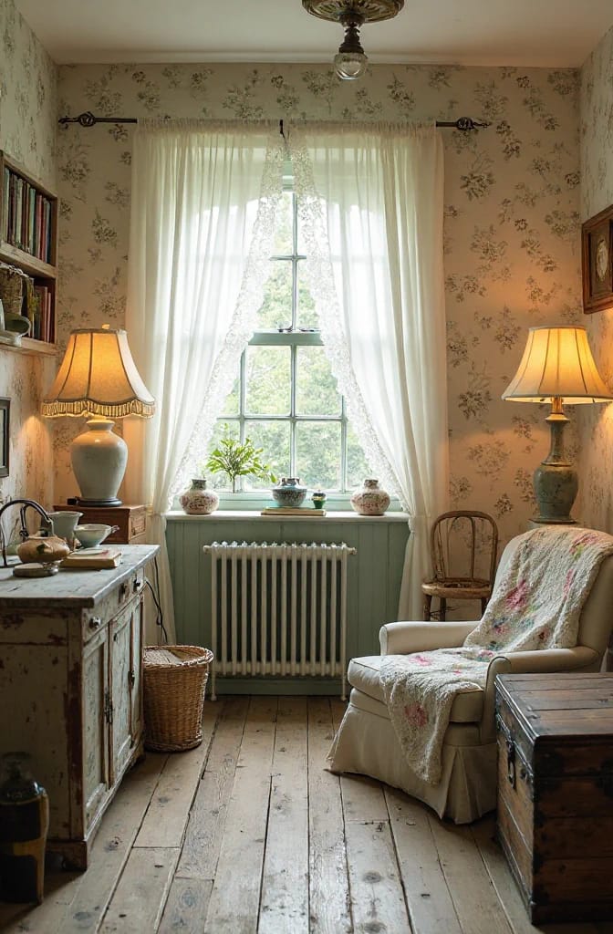 Junk chic cottage decor featuring a lace-trimmed window, sheer curtains, two table lamps, vintage furniture, floral wallpaper, a wicker basket, and a slipcovered armchair