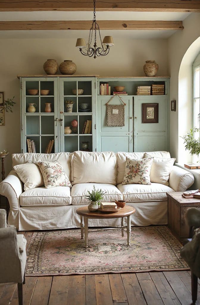A collected cottage living room with a cream slipcovered sofa, floral pillows, vintage rug, round coffee table, distressed pale blue cabinet, pottery, books, and exposed wood beams