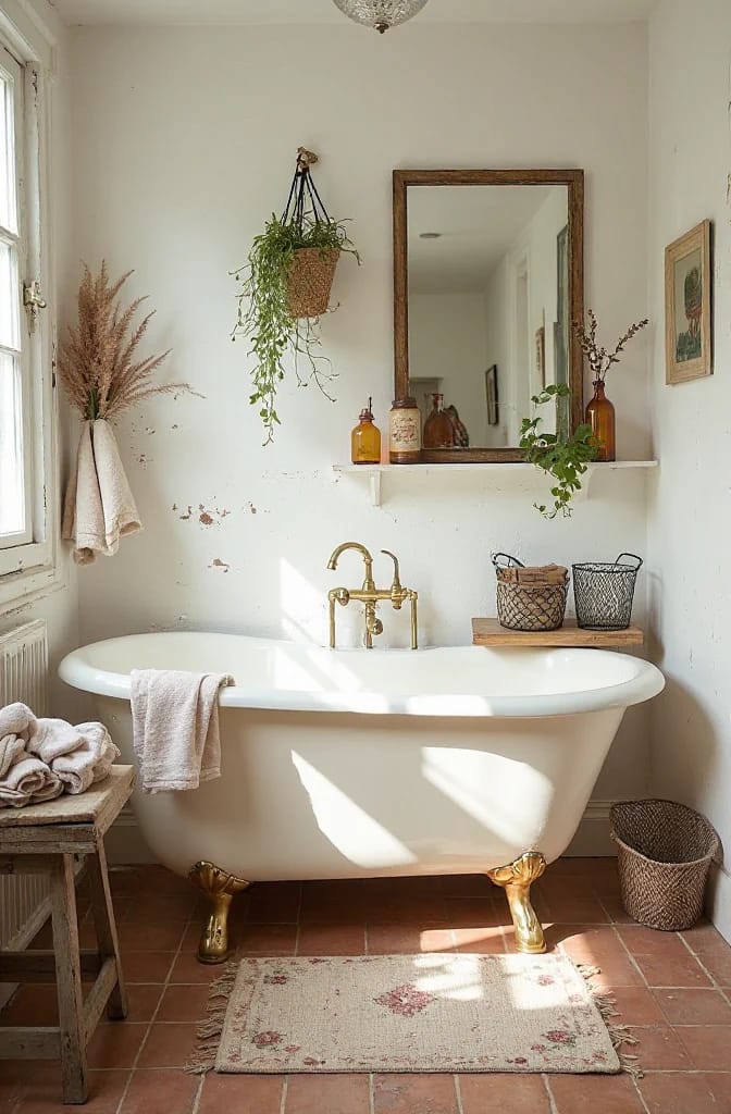 Plain white bathroom featuring an unrestored freestanding bathtub with brass fixtures, a hanging plant, vintage bottles, a large wall mirror, woven baskets, towels, and a floral rug, illustrating junk chic cottage decor