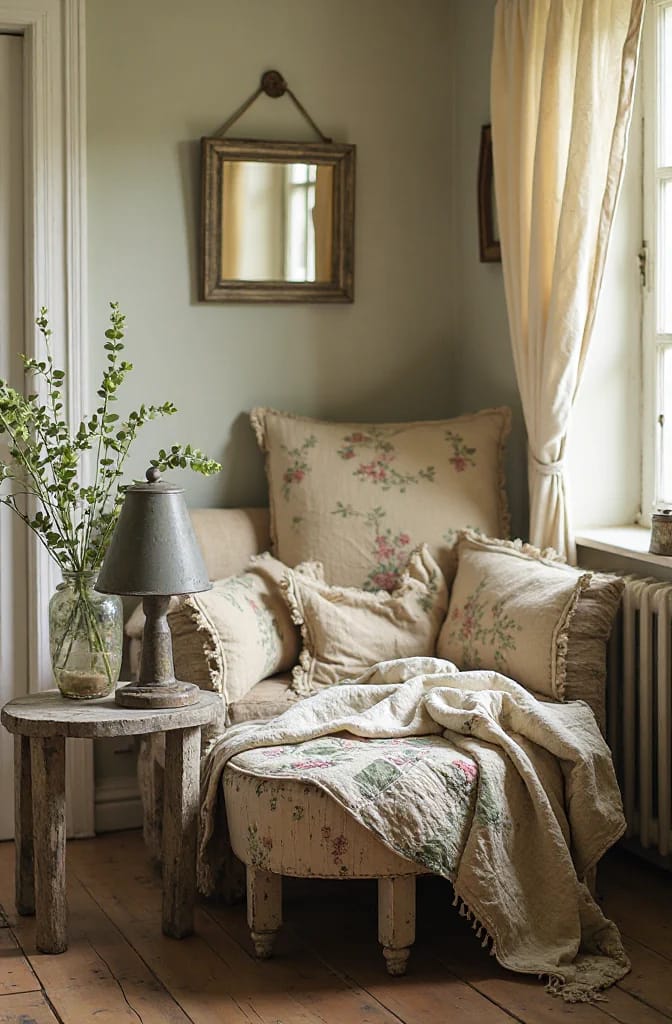 Junk chic cottage decor featuring a floral upholstered armchair layered with fringed pillows and a throw, beside a rustic side table with a metal lamp and glass vase of branches; a framed mirror hangs above.
