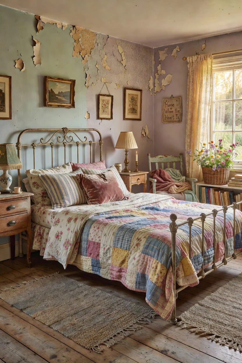 Junk chic cottage guest room with a vintage metal bed, patchwork quilt, mismatched floral pillows, peeling pastel walls, framed artwork, wooden furniture, and a sunlit window with flowers