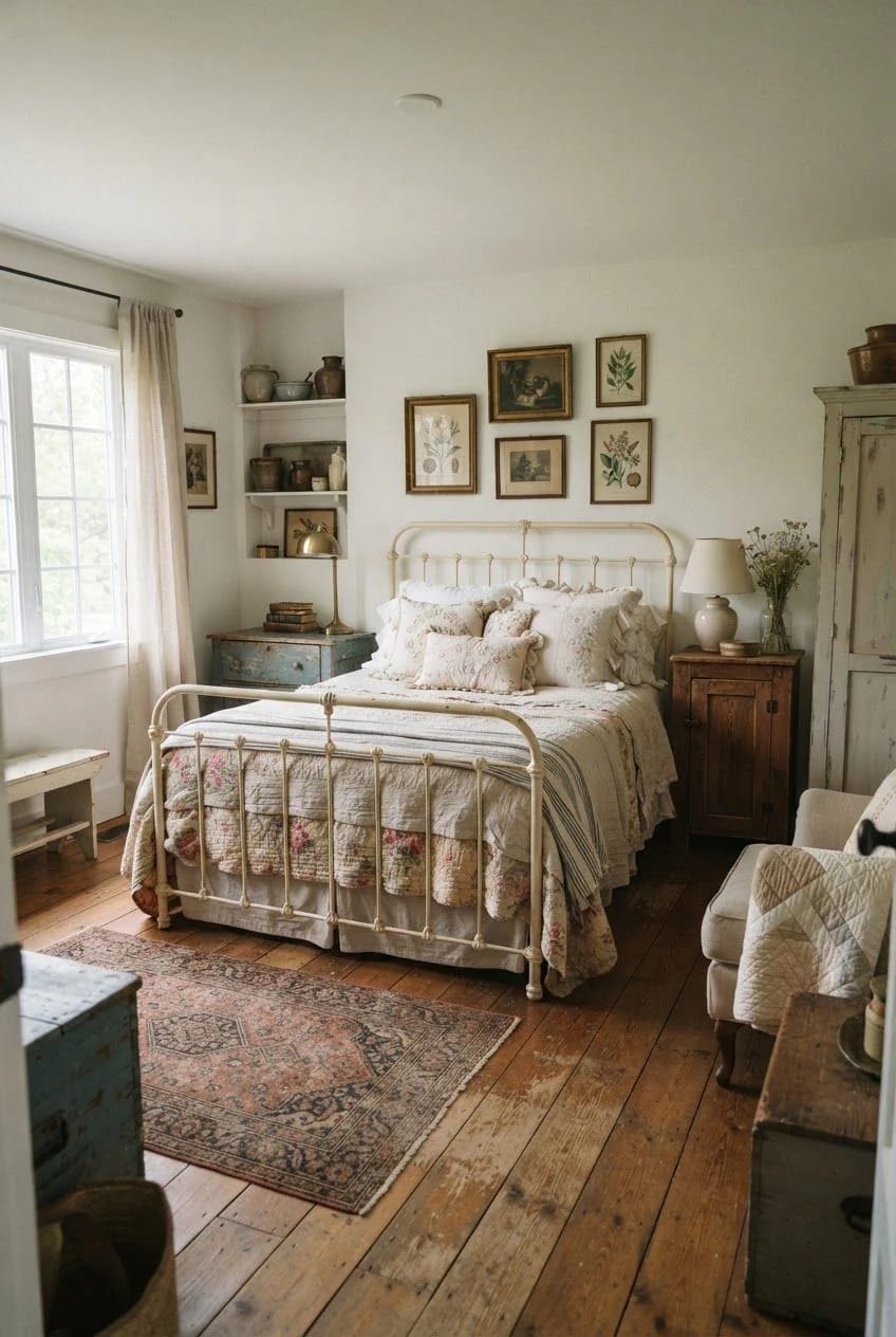 Junk chic cottage decor in a guest room with a vintage metal bed, floral quilt, mismatched framed artwork, open shelving, antique furniture, and a patterned rug