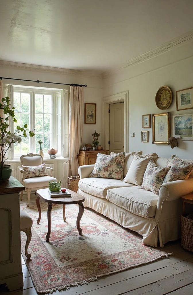 Junk chic cottage living room with a cream slipcovered sofa, floral cushions, armchair, wooden coffee table, patterned rug, bay window, plants, and collected artwork on the walls