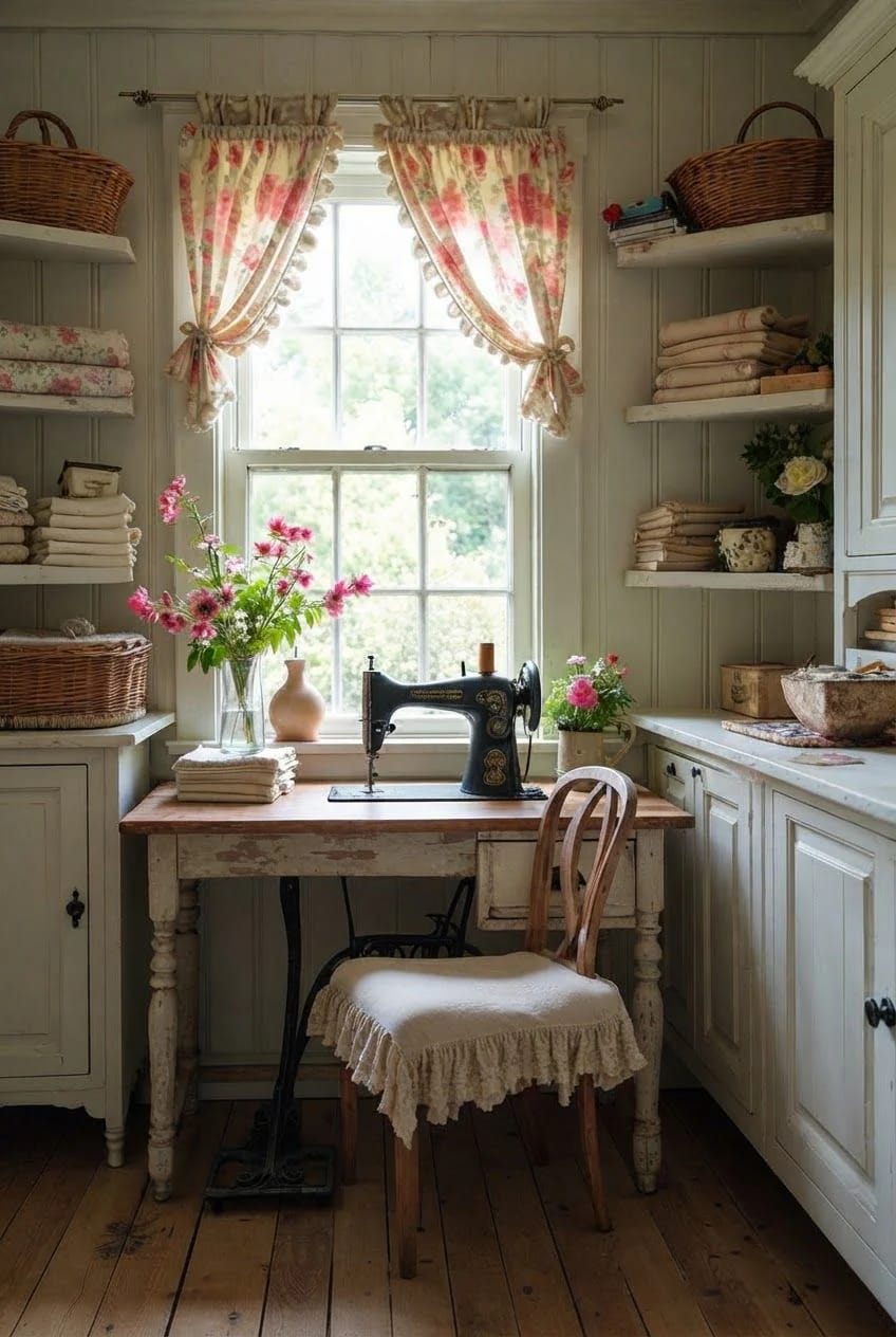 Junk chic cottage sewing corner with a vintage black sewing machine on a wooden table, floral curtains, folded fabrics, wicker baskets, flowers, and a wooden chair
