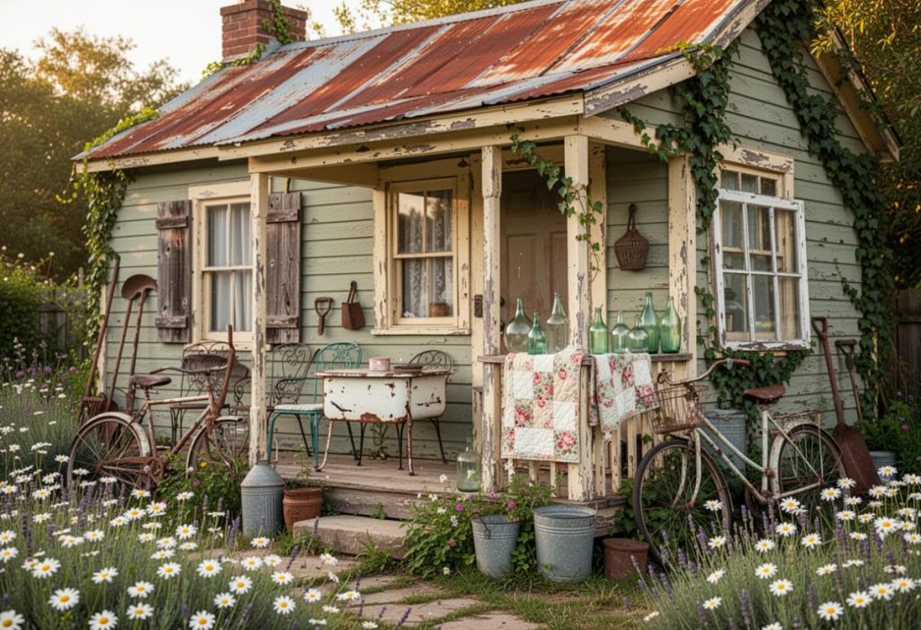 Sustainability Success 9 Weathered green cottage with a rusted metal roof, peeling porch posts, vintage bicycles, metal chairs, glass bottles, galvanized buckets, and a floral quilt surrounded by daisies, illustrating junk chic cottage decor