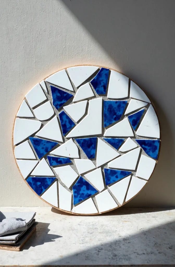 Round mosaic showpiece made from irregular white and blue pieces, displayed upright on a tabletop against a textured wall, representing an out of waste living room centre table decor idea
