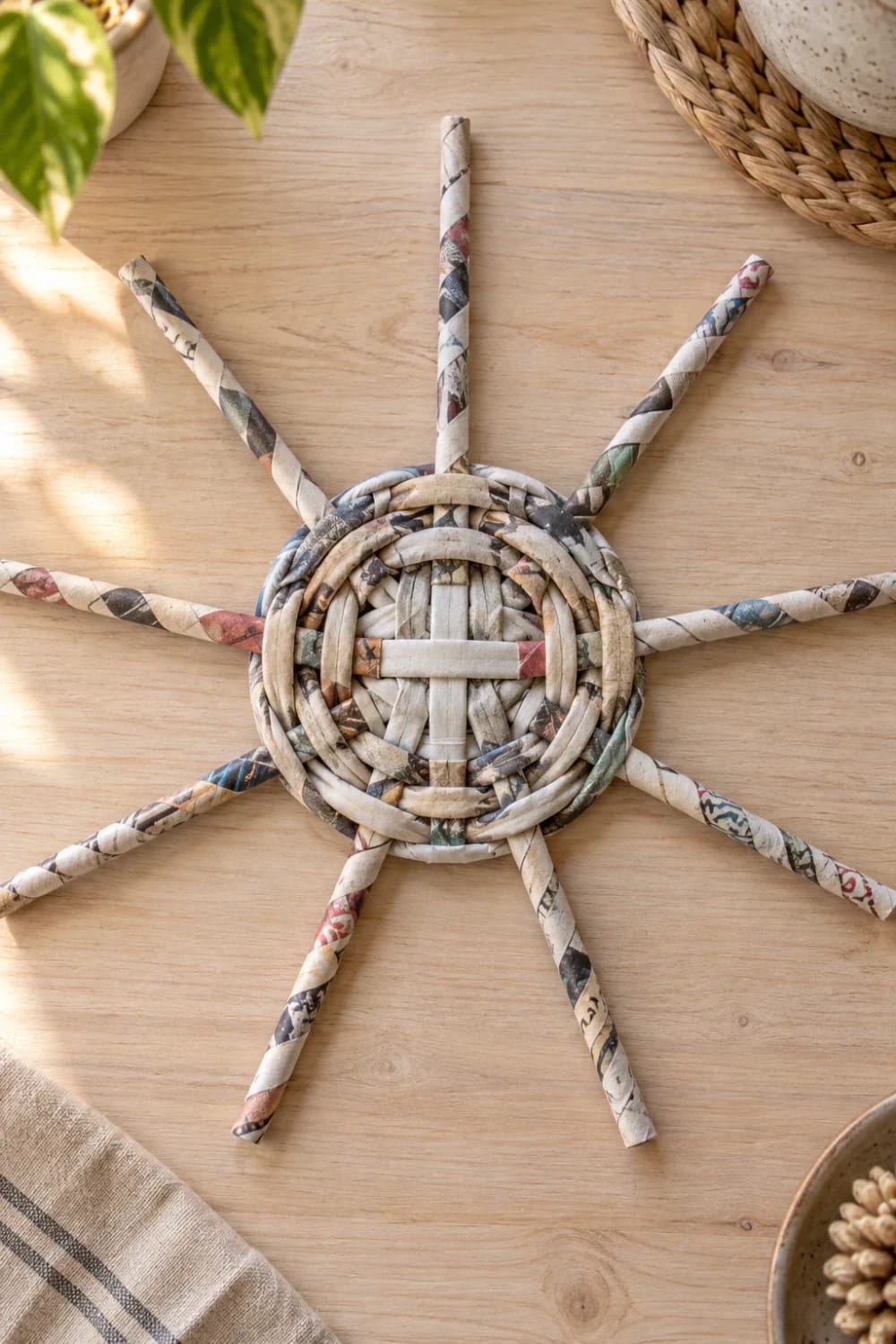 Round newspaper basket base woven from rolled paper tubes, with an odd number of spokes extending outward on a wooden tabletop