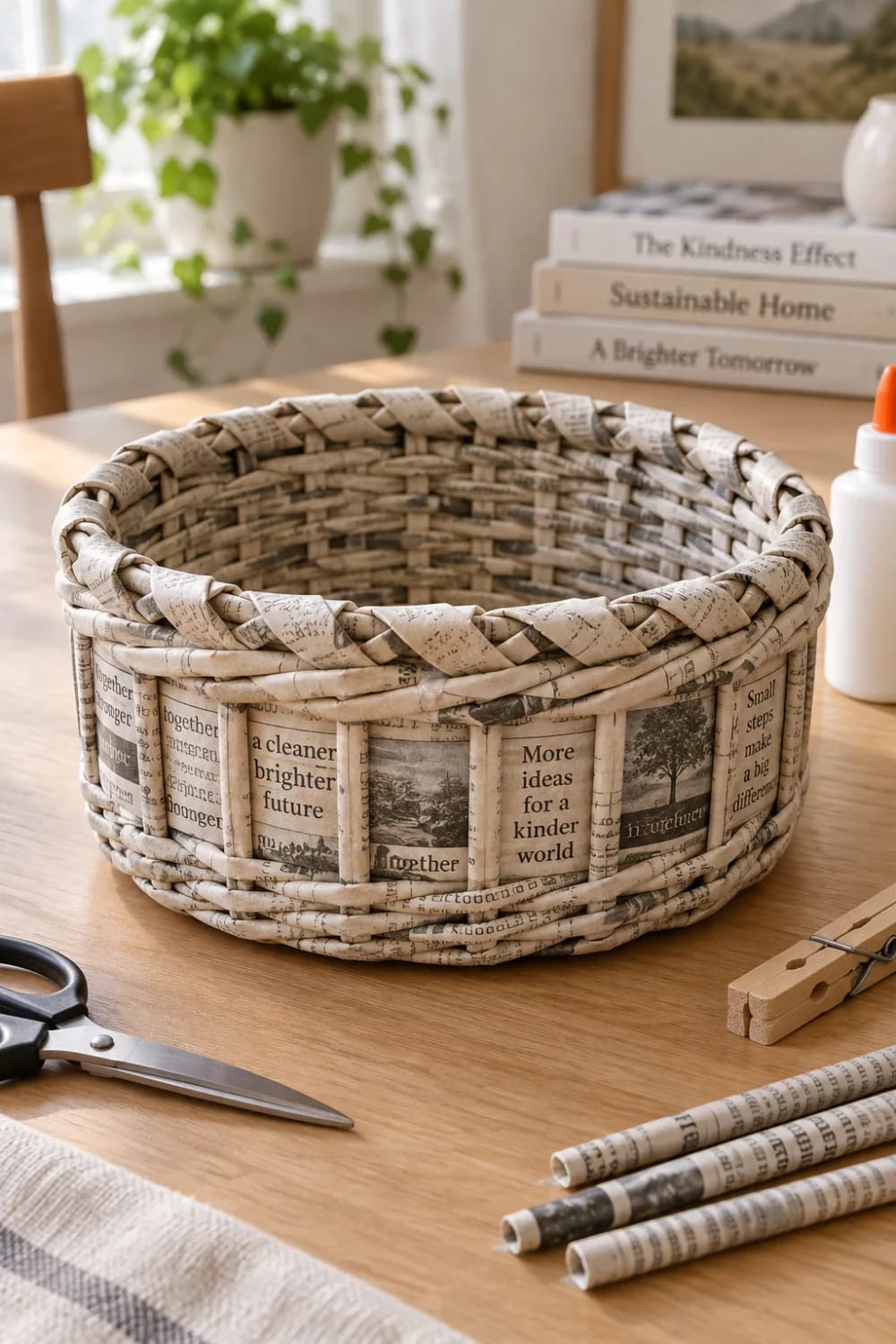 A round basket woven from rolled newspaper tubes sits on a wooden table, showing a braided rim and printed newspaper panels. Scissors, clothespins, glue, and additional paper tubes surround it, illustrating how to weave a newspaper basket.