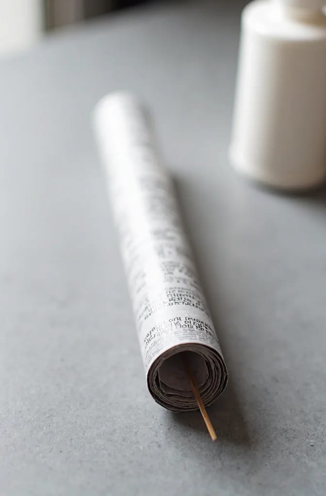 A tightly rolled newspaper tube lies on a gray surface with a thin wooden stick extending from its open end, illustrating the roll used for weaving a newspaper basket.